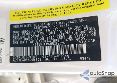 2017 Toyota Avalon Xle z USA, uszkodzony, nr VIN 4T1BK1EB6HU262625